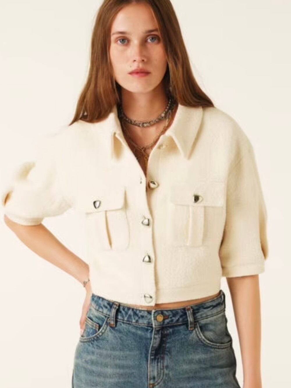 ba&sh Short Cream Teddy Jacket with Silver Heart Buttons